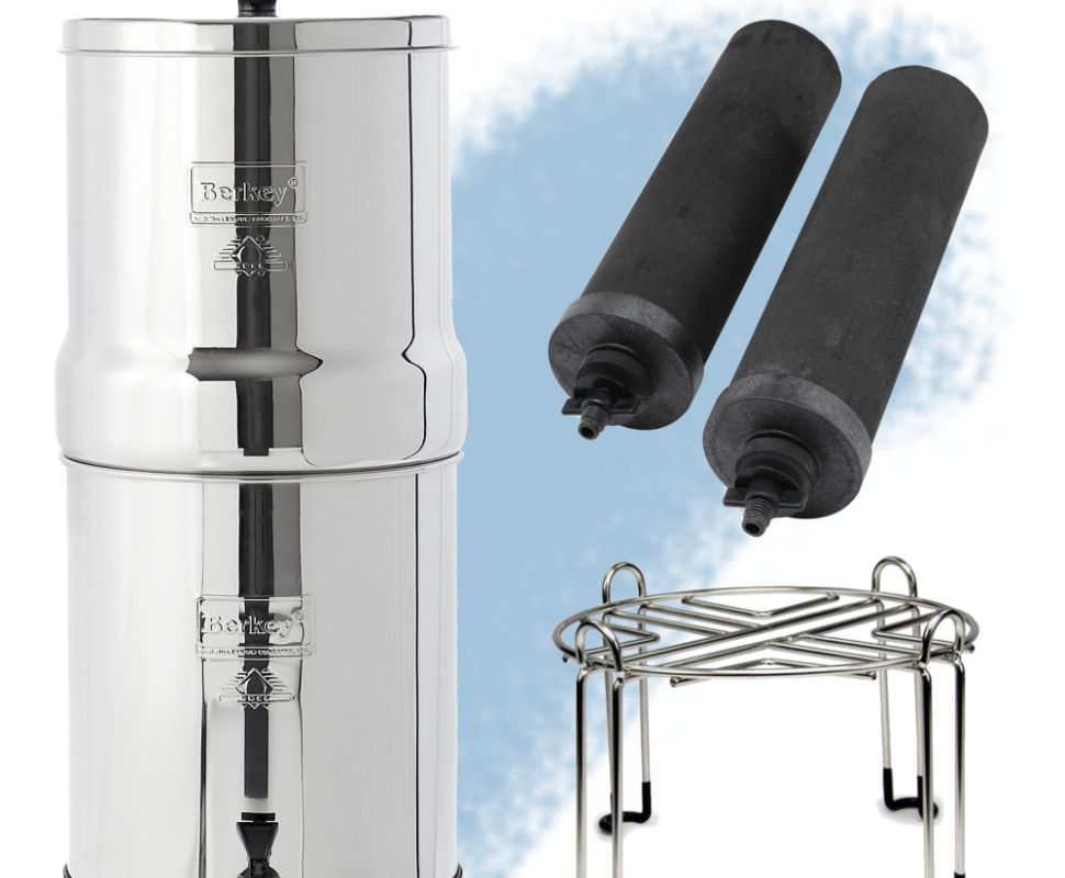 A Big Berkey System With The Filters And A Stand