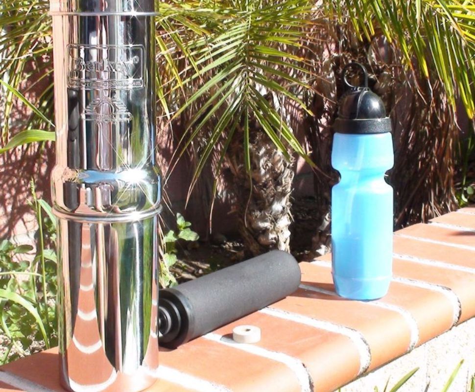 A travel Berkey with an extra filter and a Berkey water bottle for emergency situations.