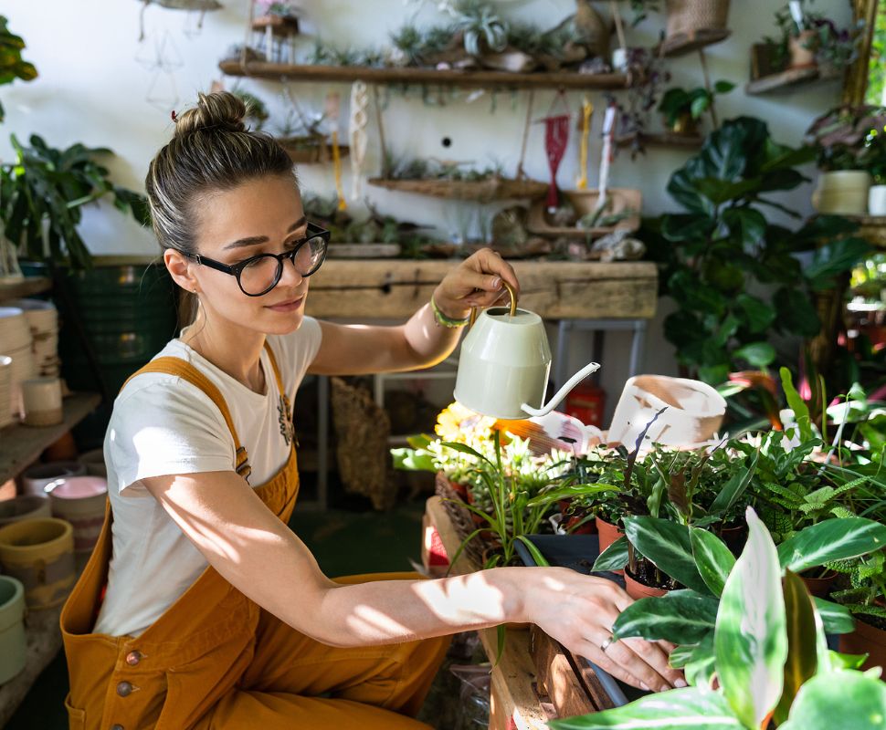 Someone watering their houseplants with a watering can.